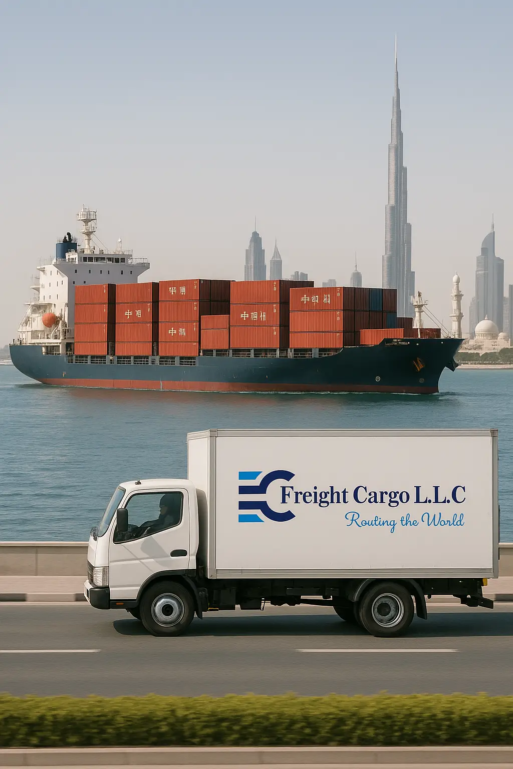 Freight Cargo L.L.C truck and container ship symbolizing China-UAE logistics with Dubai skyline in background